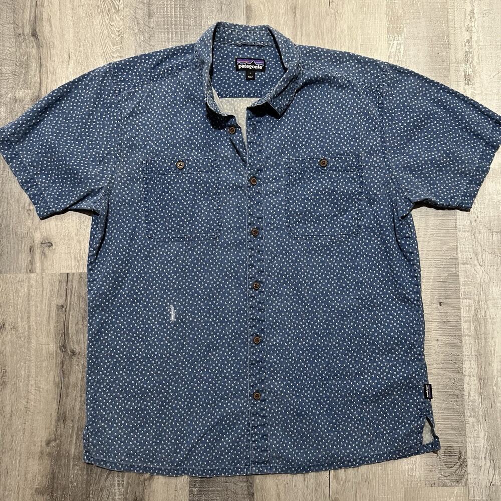 Patagonia Back Step Short Sleeve Shirt Men’s Size Large Hemp & Cotton Blue Hike
